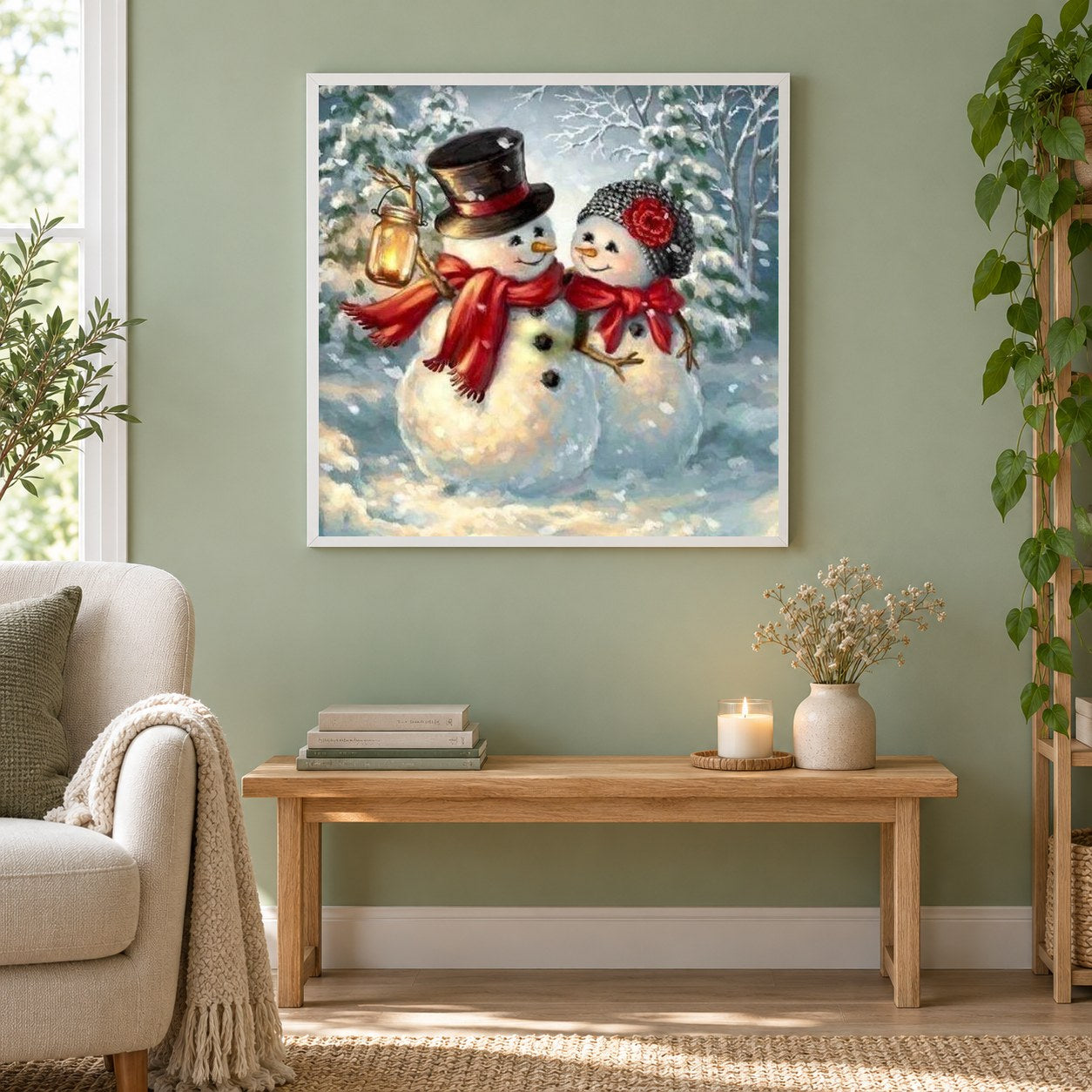 Schneemann als gerahmtes Diamond Painting im Wohnzimmer