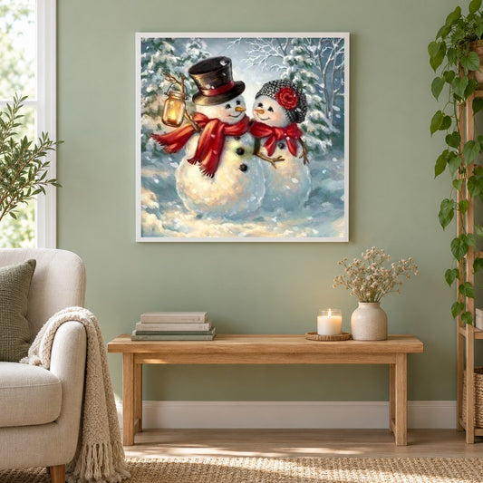 Schneemann als gerahmtes Diamond Painting im Wohnzimmer