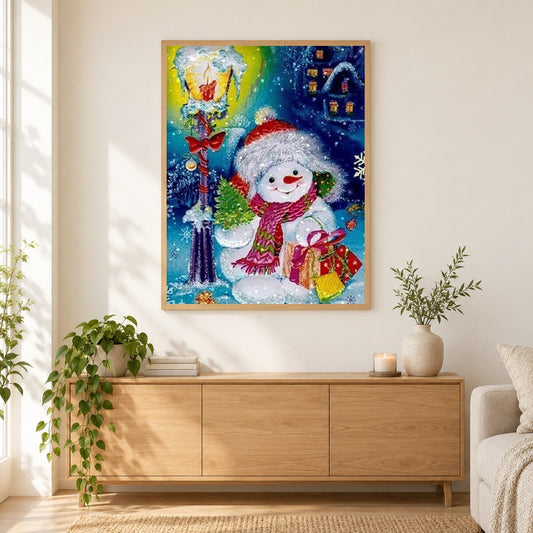 Schneemann feiert Weihnachten als gerahmtes Diamond Painting im Wohnzimmer