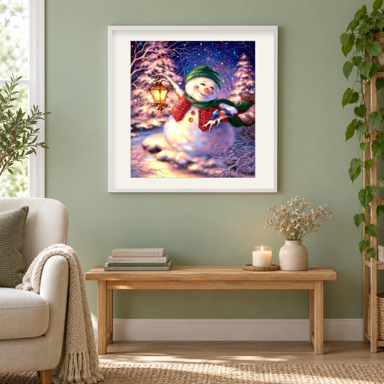Schneemann mit Laterne in der Weihnachtsnacht als gerahmtes Diamond Painting im Wohnzimmer