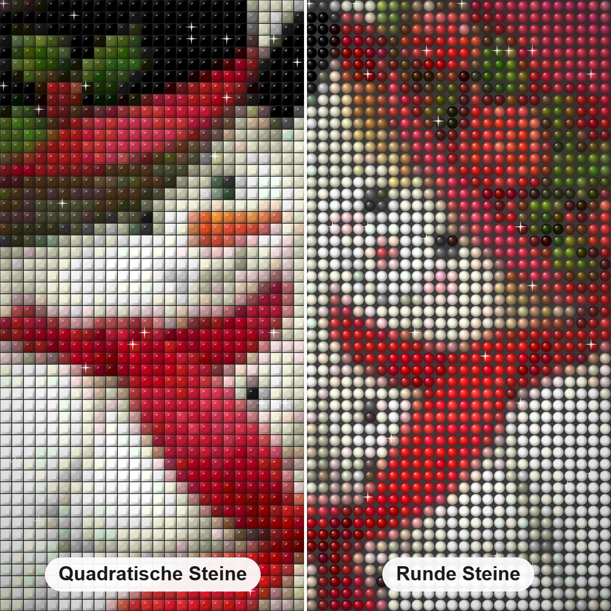 Schneemann Paar Diamond Painting Nahaufnahme mit quadratischen und runden Steinen