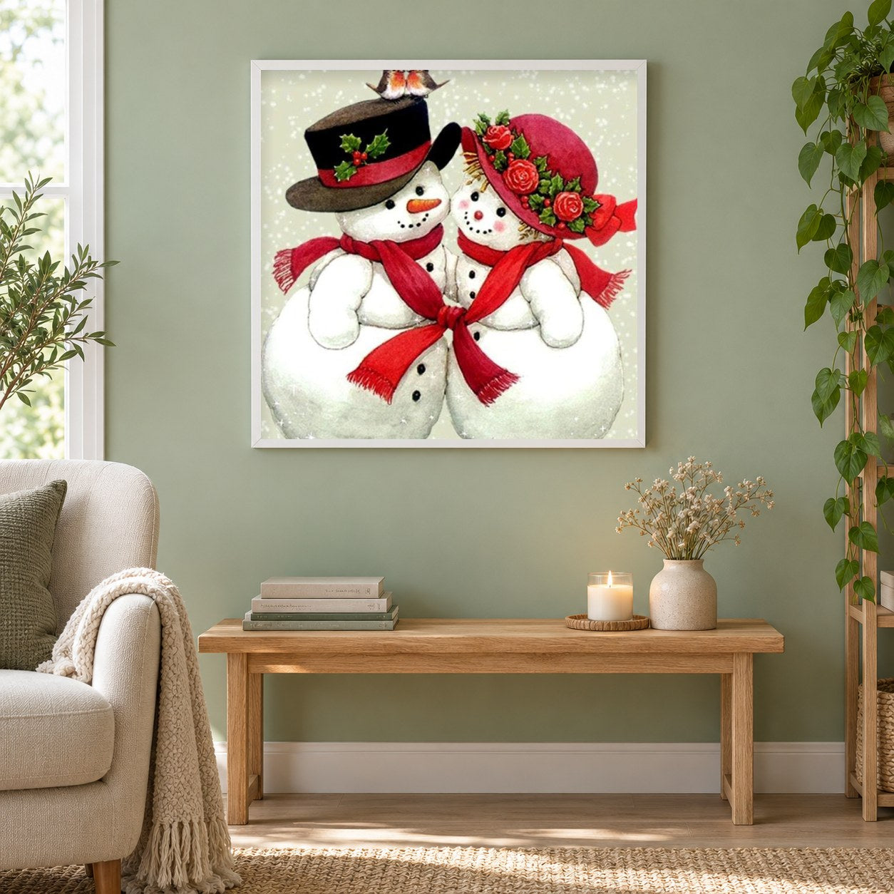Schneemann Paar als gerahmtes Diamond Painting im Wohnzimmer