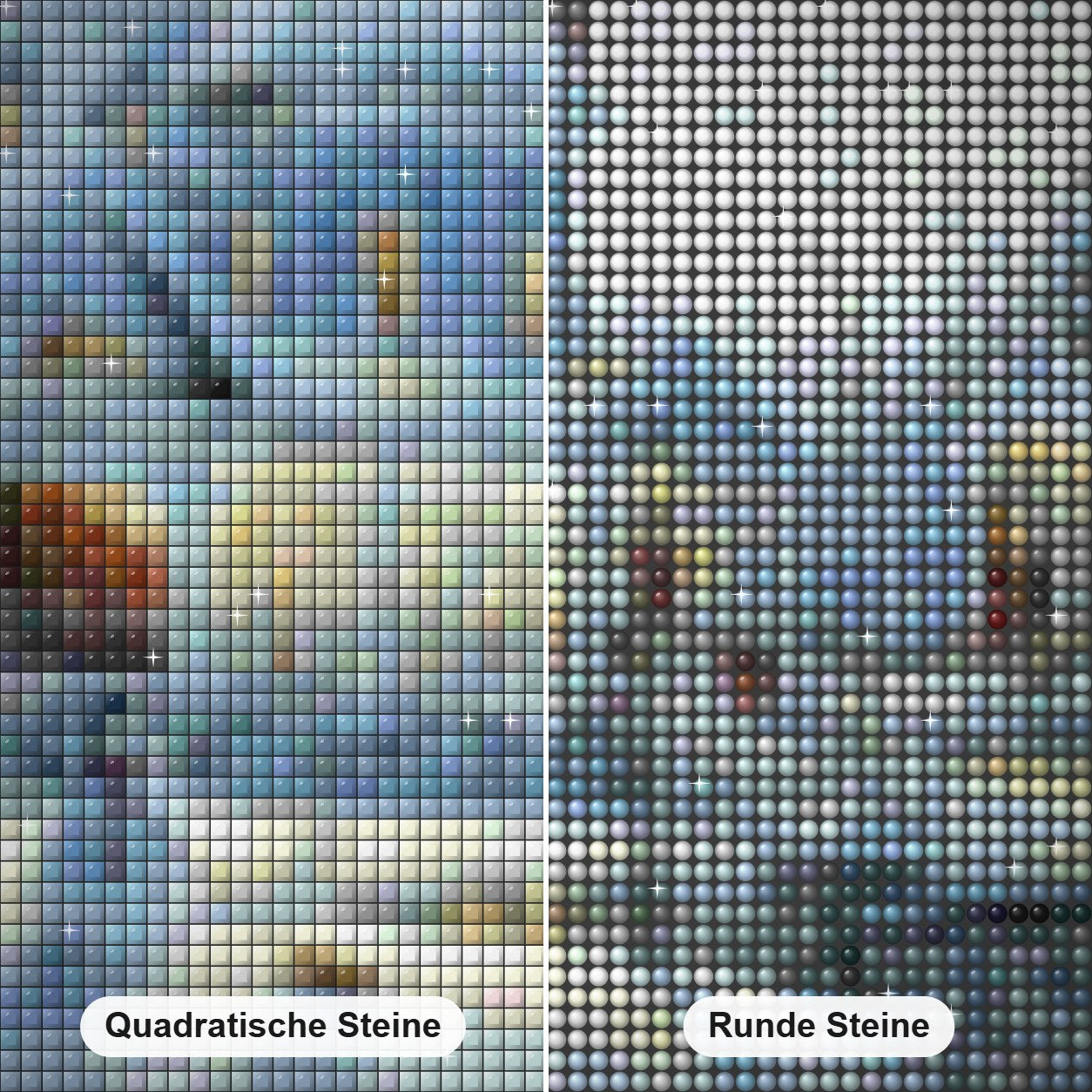 Schneestadt Diamond Painting Nahaufnahme mit quadratischen und runden Steinen
