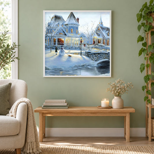Schneestadt als gerahmtes Diamond Painting im Wohnzimmer