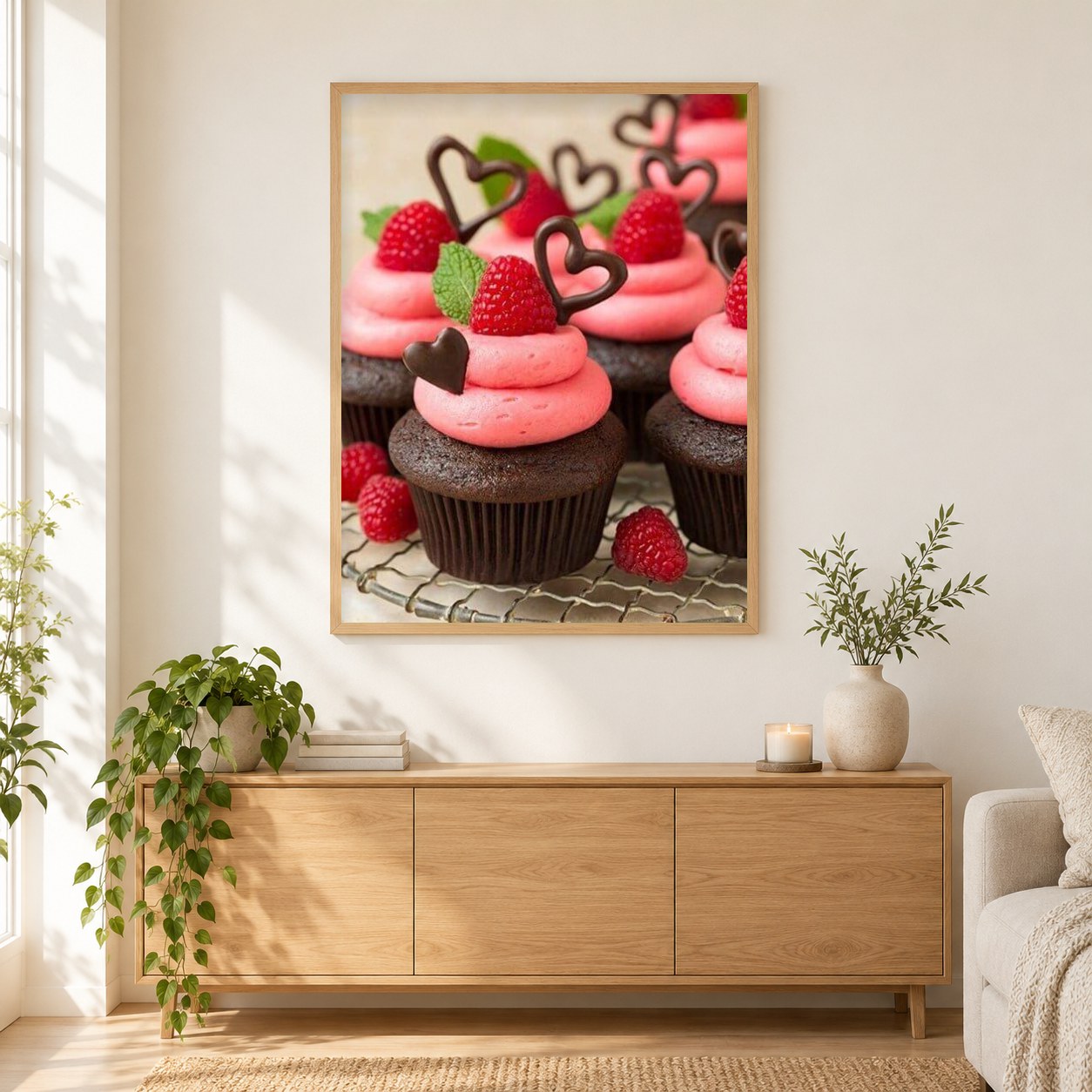 Schokoladen-Cup-Kuchen mit Berry Frosting als gerahmtes Diamond Painting im Wohnzimmer