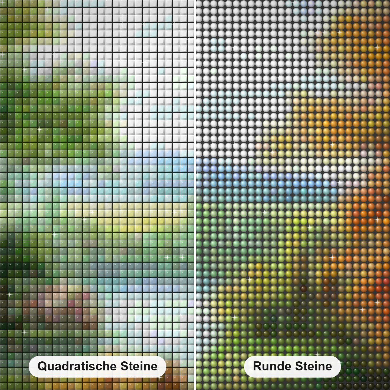 Schöne Bäume entlang des Weges Diamond Painting Nahaufnahme mit quadratischen und runden Steinen