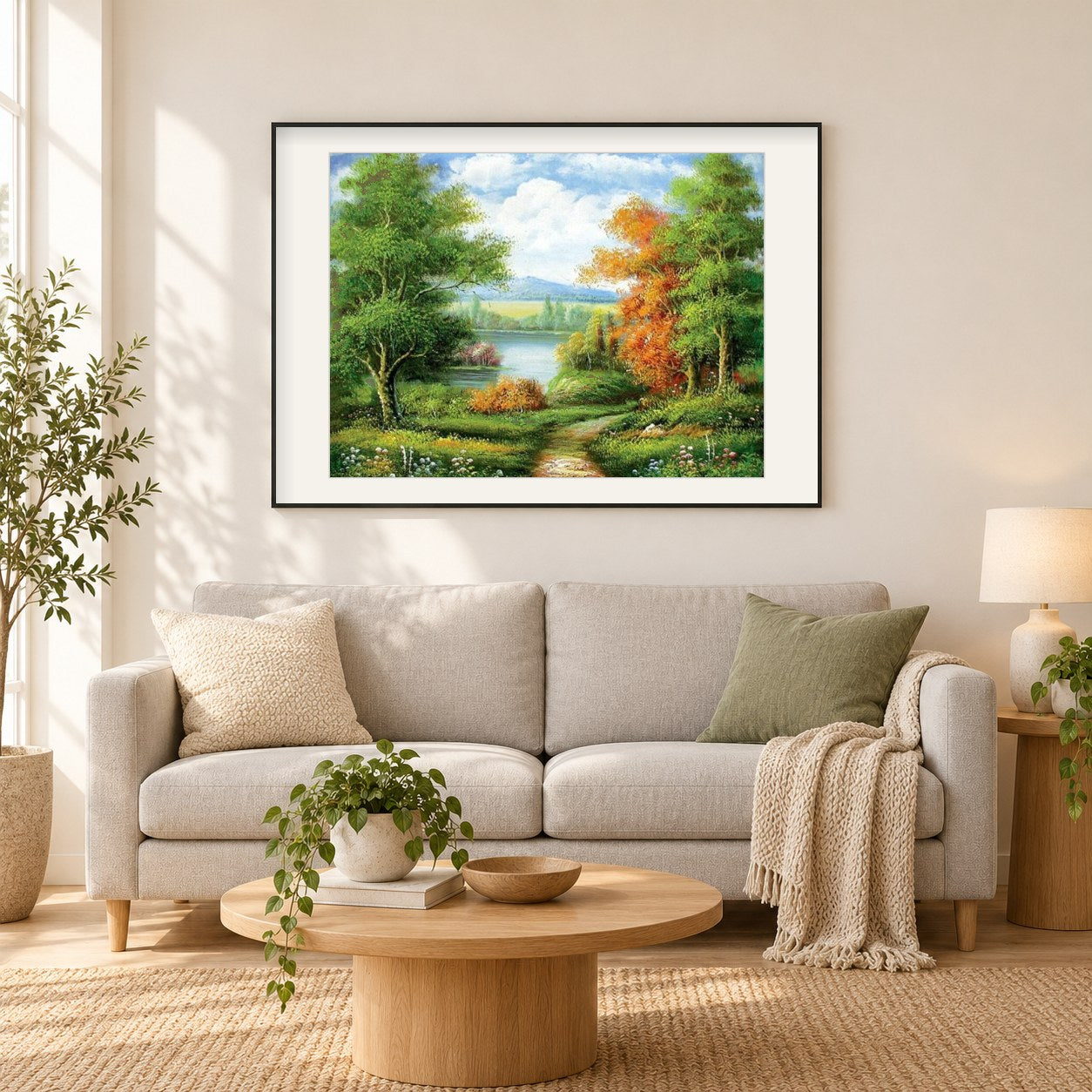 Schöne Bäume entlang des Weges als gerahmtes Diamond Painting im Wohnzimmer