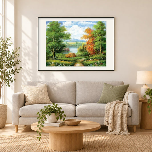 Schöne Bäume entlang des Weges als gerahmtes Diamond Painting im Wohnzimmer