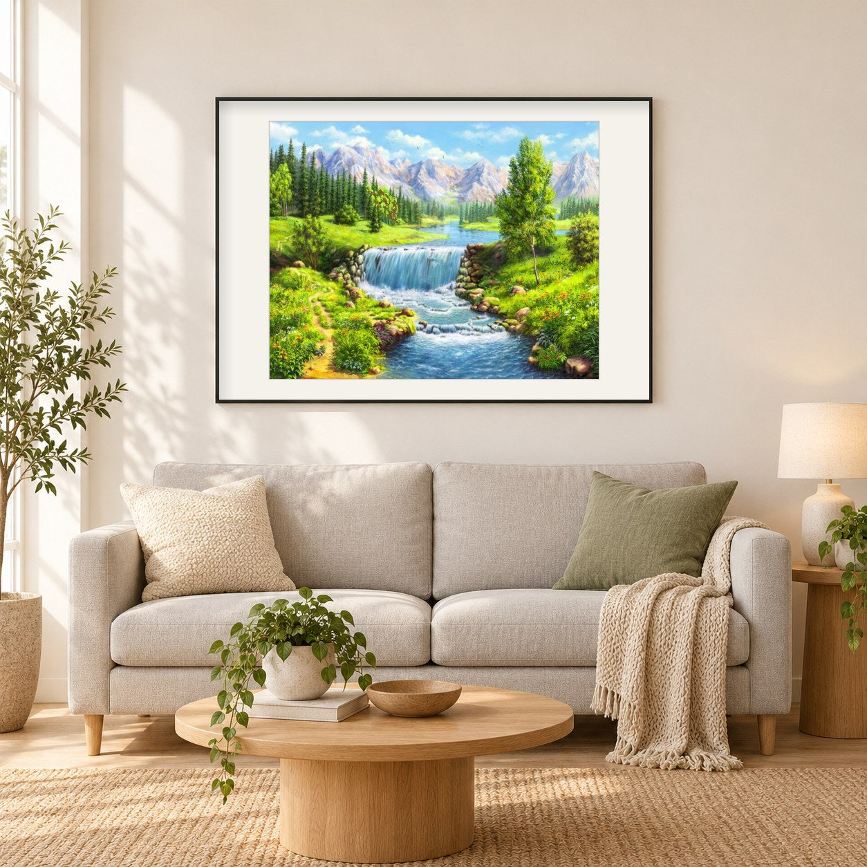 Schöne Berge und fließender Wasser Strom als gerahmtes Diamond Painting im Wohnzimmer
