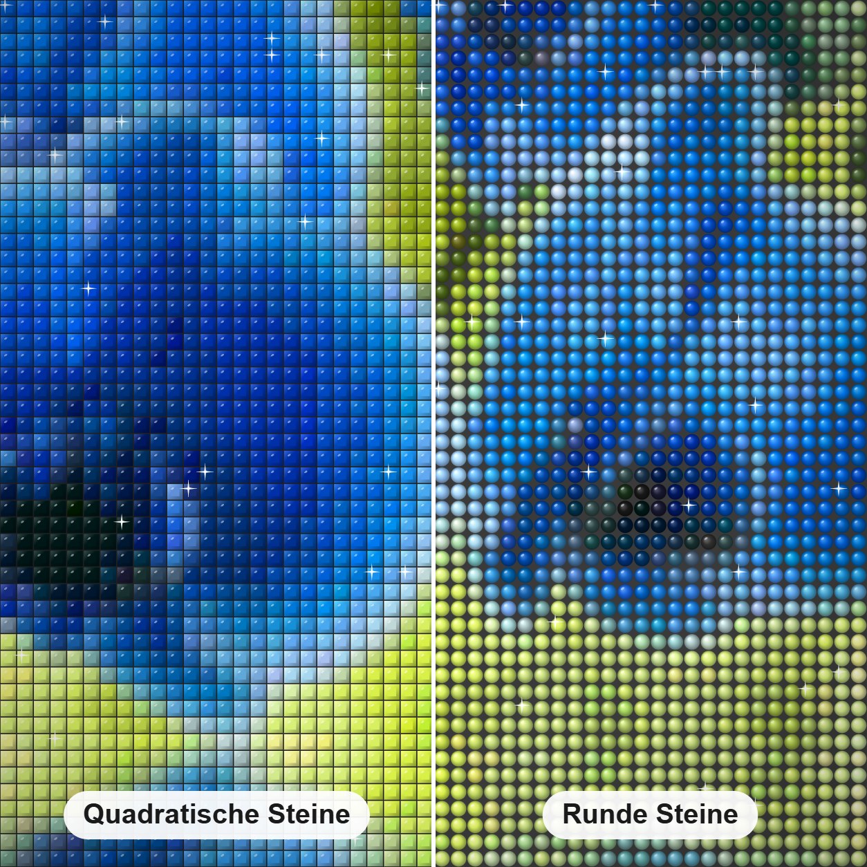 Schöne blaue Orchideen Diamond Painting Nahaufnahme mit quadratischen und runden Steinen