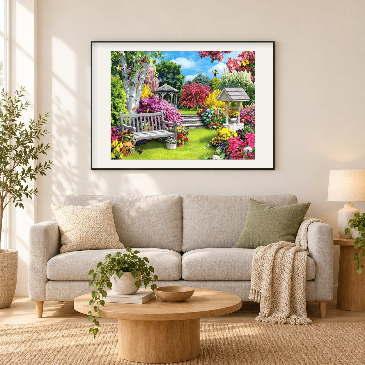 Schöner Blumengarten mit Pavillon als gerahmtes Diamond Painting im Wohnzimmer