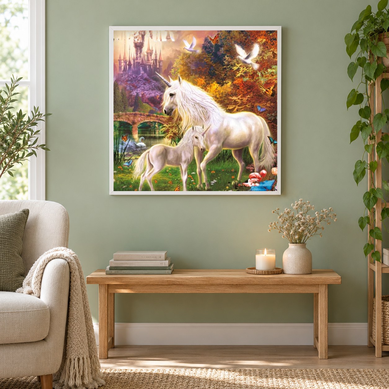Schöne Einhörner & erstaunliche Burg als gerahmtes Diamond Painting im Wohnzimmer