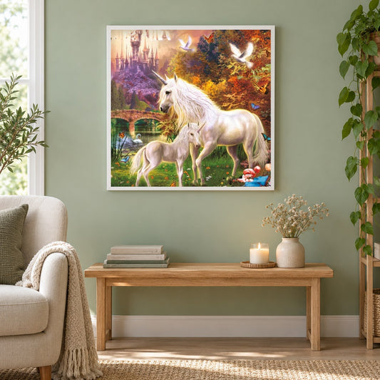 Schöne Einhörner & erstaunliche Burg als gerahmtes Diamond Painting im Wohnzimmer