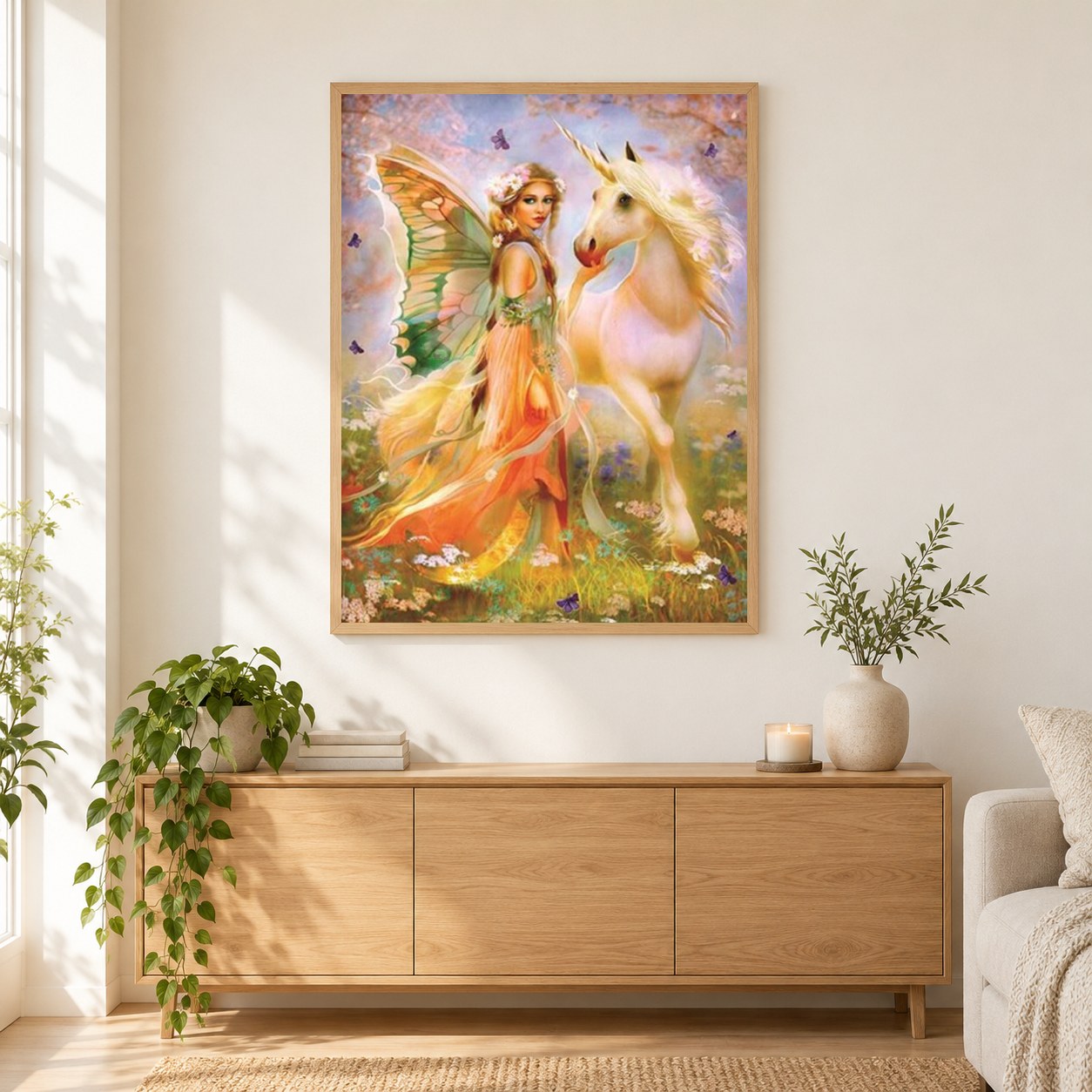 Schöne Fee mit Einhorn als gerahmtes Diamond Painting im Wohnzimmer