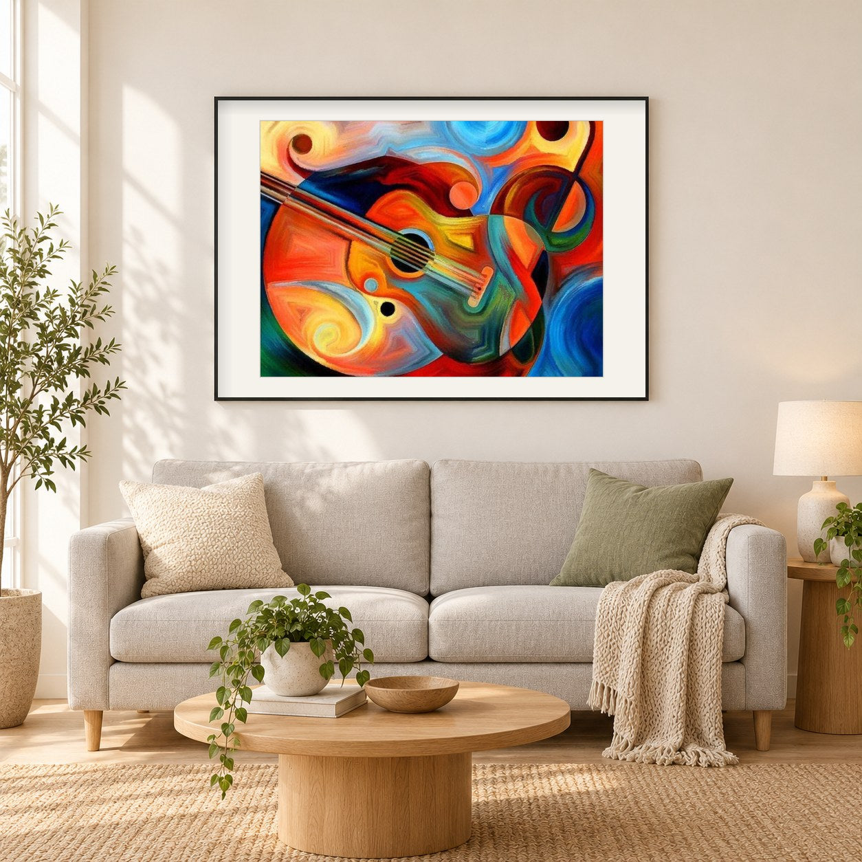 Schöne Gitarrenfarbe von Diamanten als gerahmtes Diamond Painting im Wohnzimmer