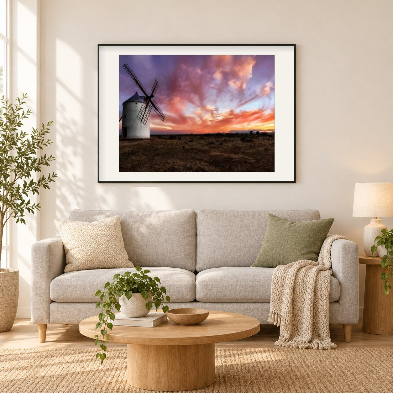 Schöne Himmel & Windmühlenlandschaft als gerahmtes Diamond Painting im Wohnzimmer