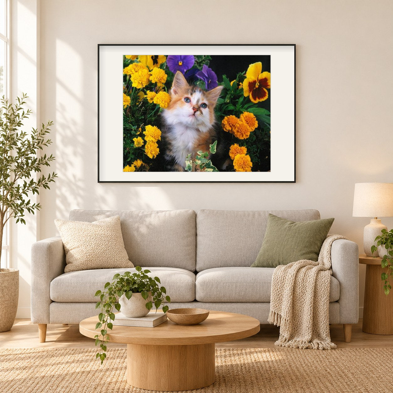 Schöne Katze & gelbe Blumen als gerahmtes Diamond Painting im Wohnzimmer