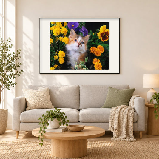 Schöne Katze & gelbe Blumen als gerahmtes Diamond Painting im Wohnzimmer