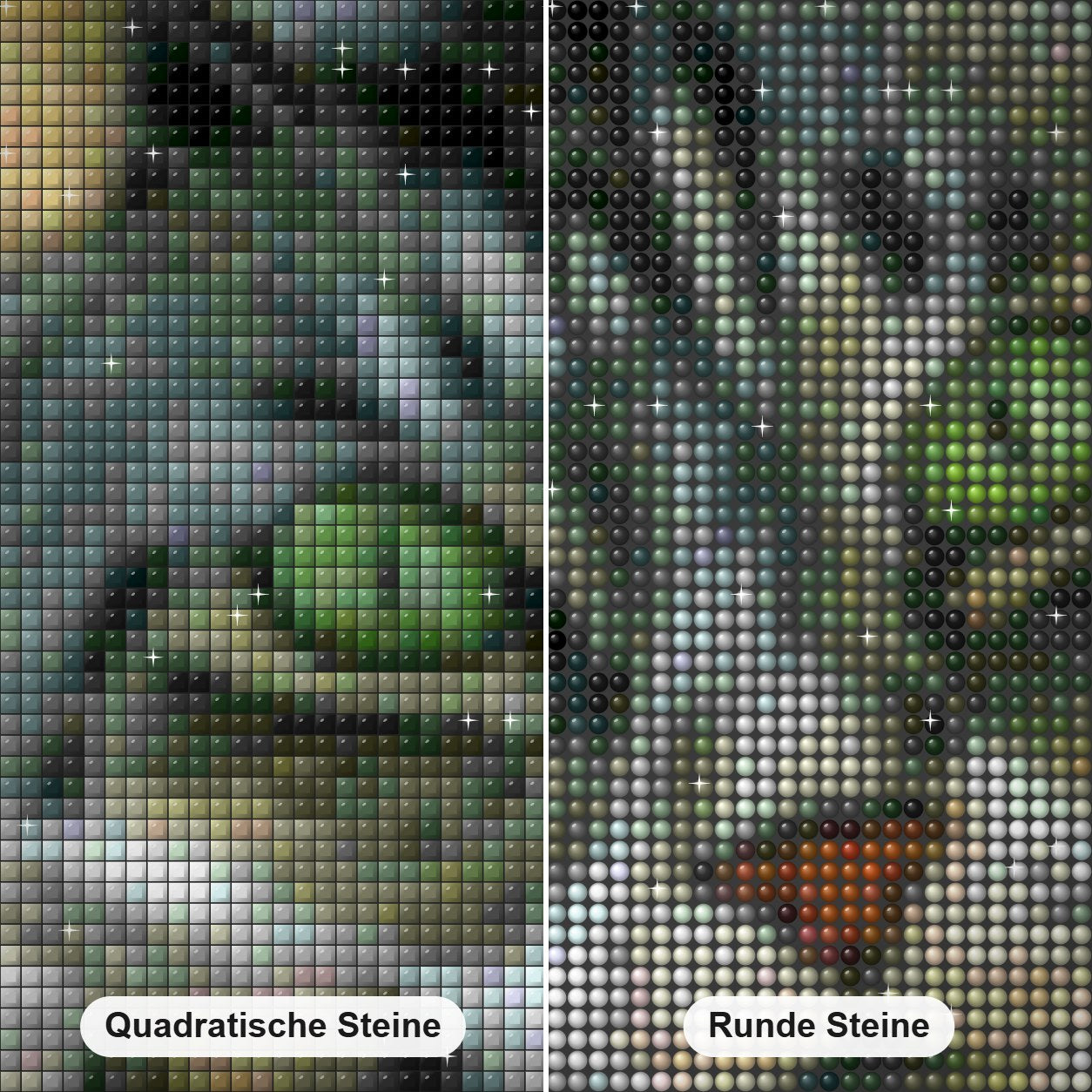 Schöne Katze mit grünen Augen Diamond Painting Nahaufnahme mit quadratischen und runden Steinen