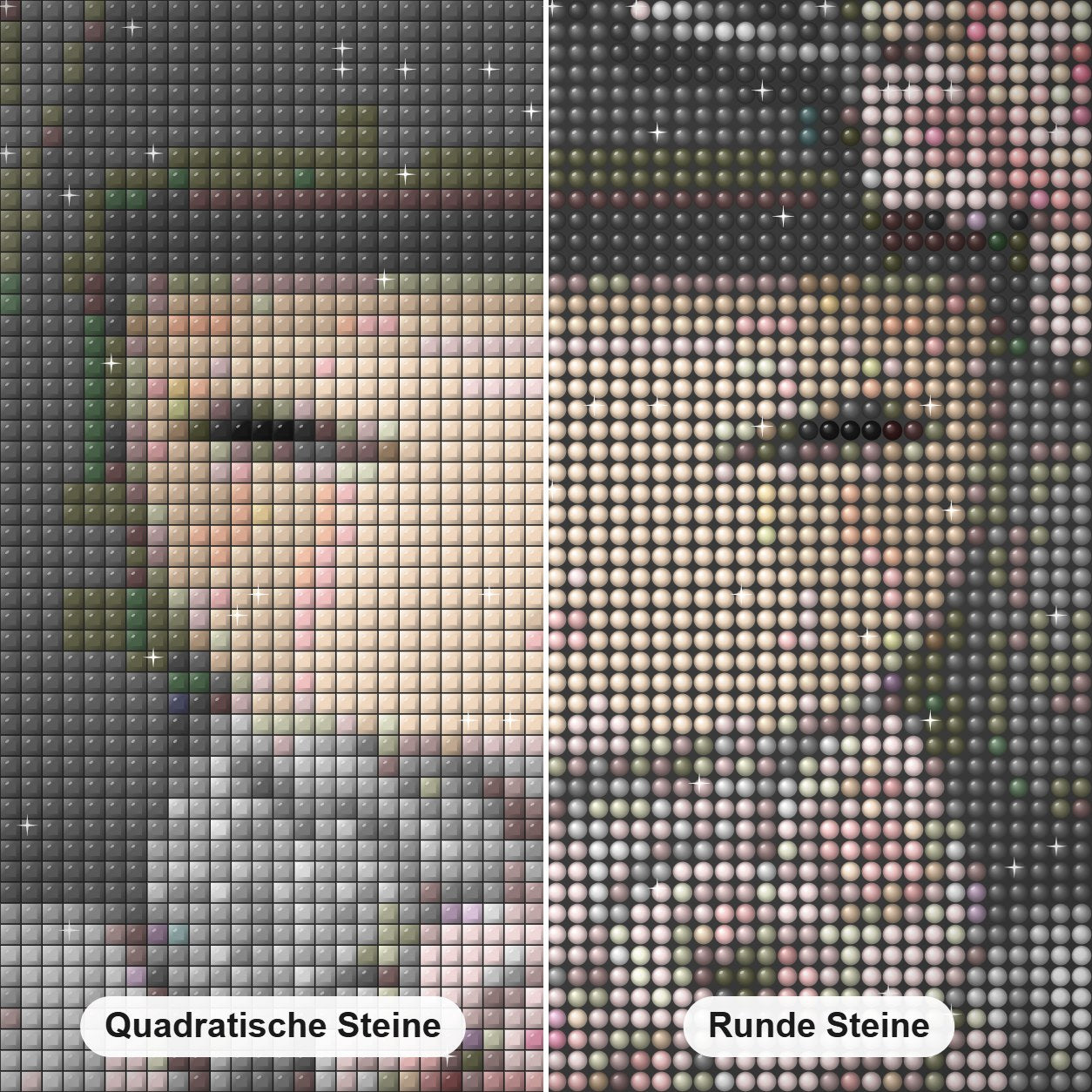 Schöne Kokeshi Puppe Diamond Painting Nahaufnahme mit quadratischen und runden Steinen