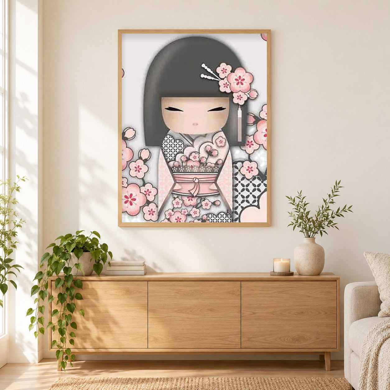 Schöne Kokeshi Puppe als gerahmtes Diamond Painting im Wohnzimmer