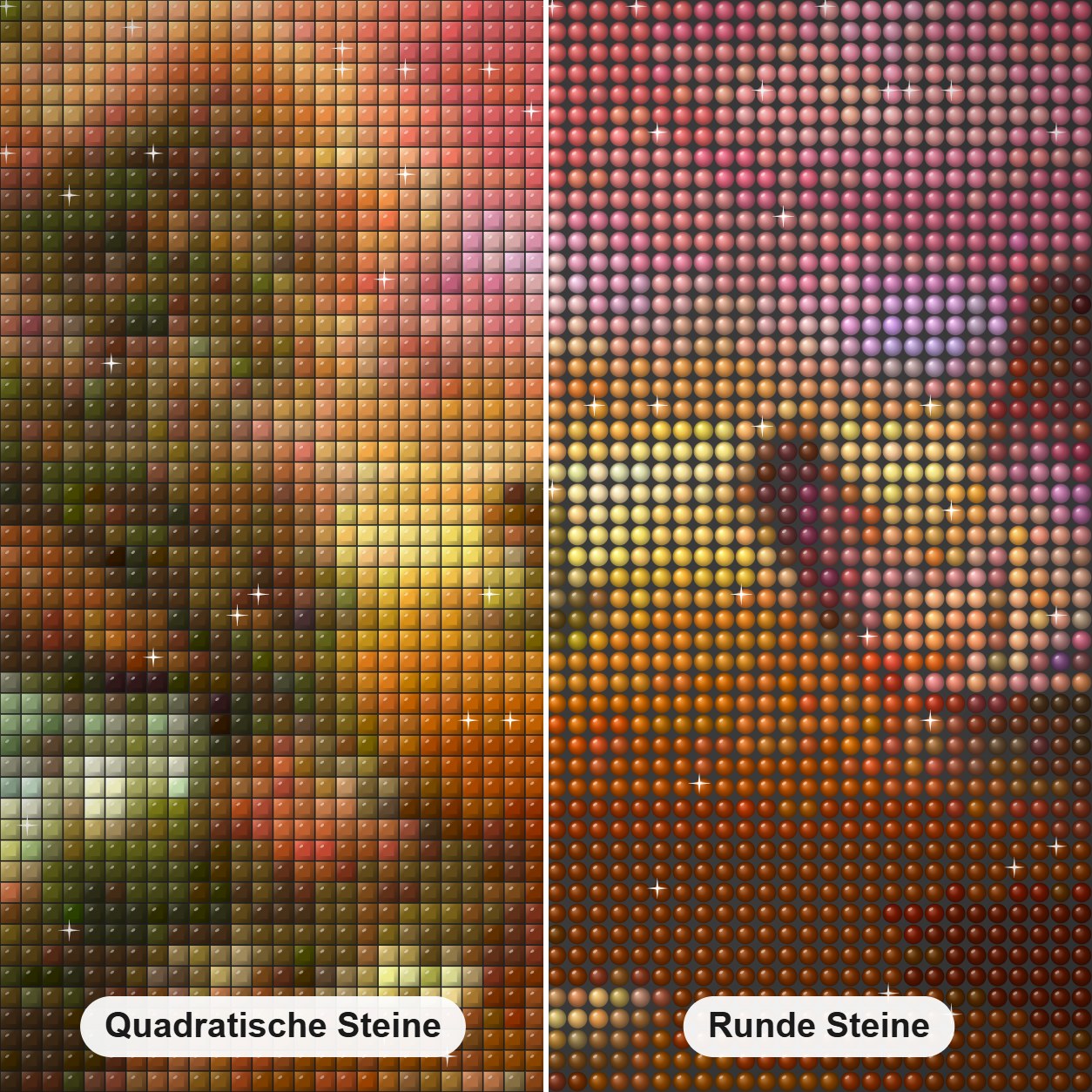 Schöne Landschaft Diamond Painting Nahaufnahme mit quadratischen und runden Steinen