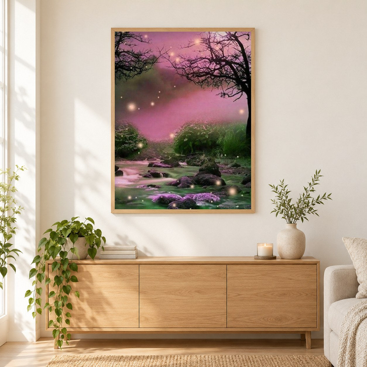 Schöne Landschaft & Glühwürmchen als gerahmtes Diamond Painting im Wohnzimmer