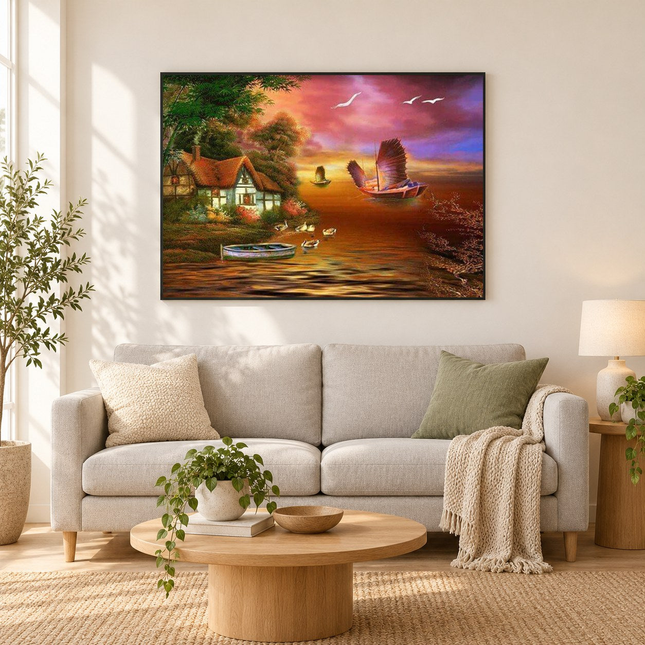 Schöne Landschaft als gerahmtes Diamond Painting im Wohnzimmer