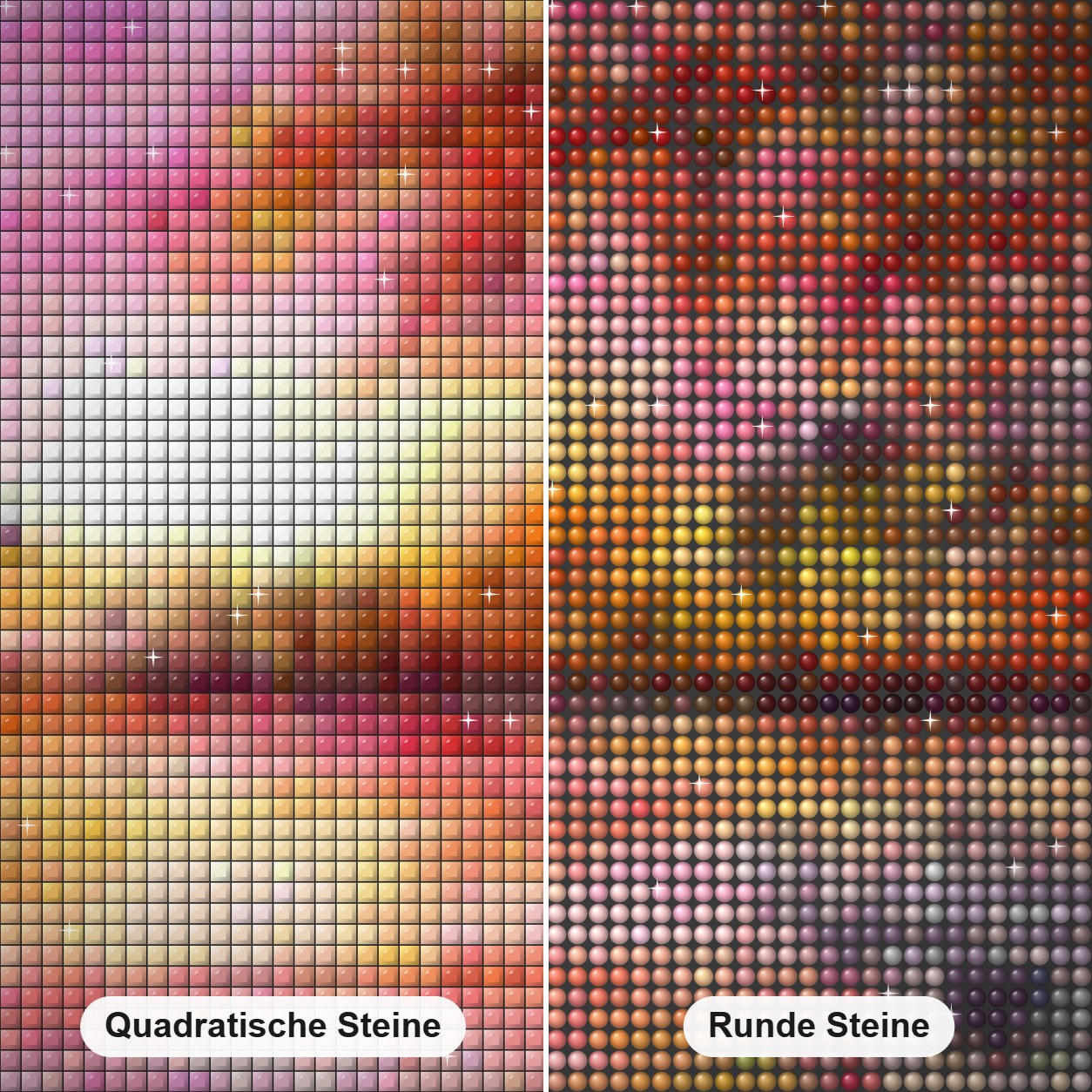Schöne Landschaftsmalerei Diamond Painting Nahaufnahme mit quadratischen und runden Steinen