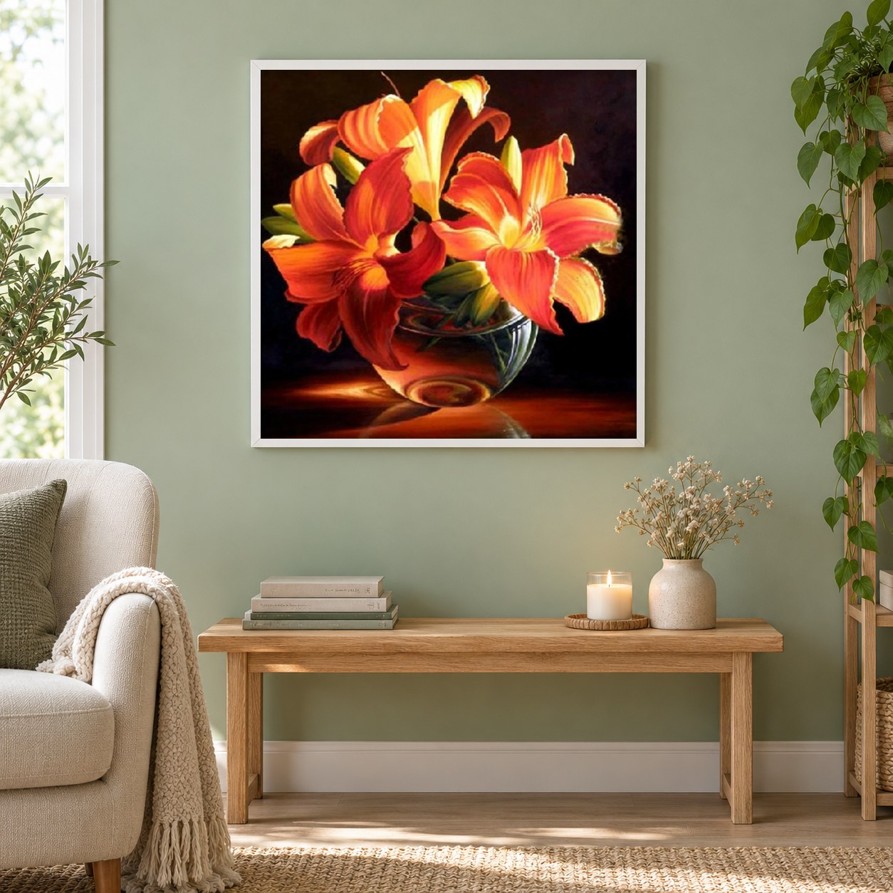 Schöne Lilly Blumen als gerahmtes Diamond Painting im Wohnzimmer