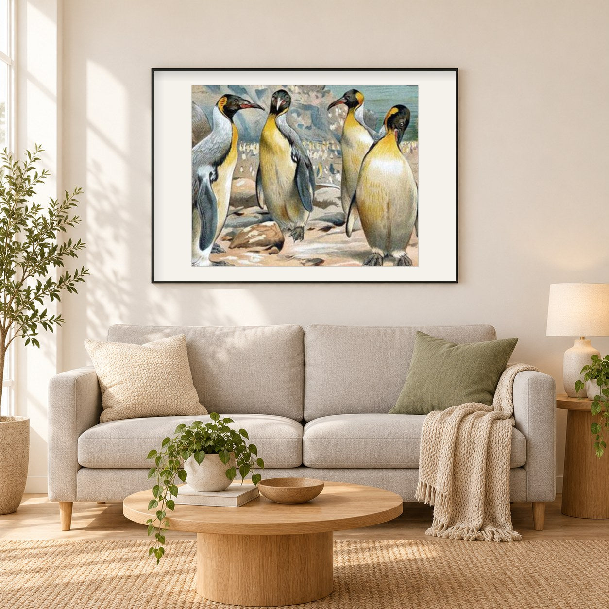 Schöne Pinguine als gerahmtes Diamond Painting im Wohnzimmer