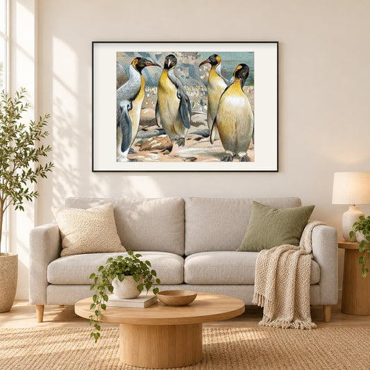 Schöne Pinguine als gerahmtes Diamond Painting im Wohnzimmer
