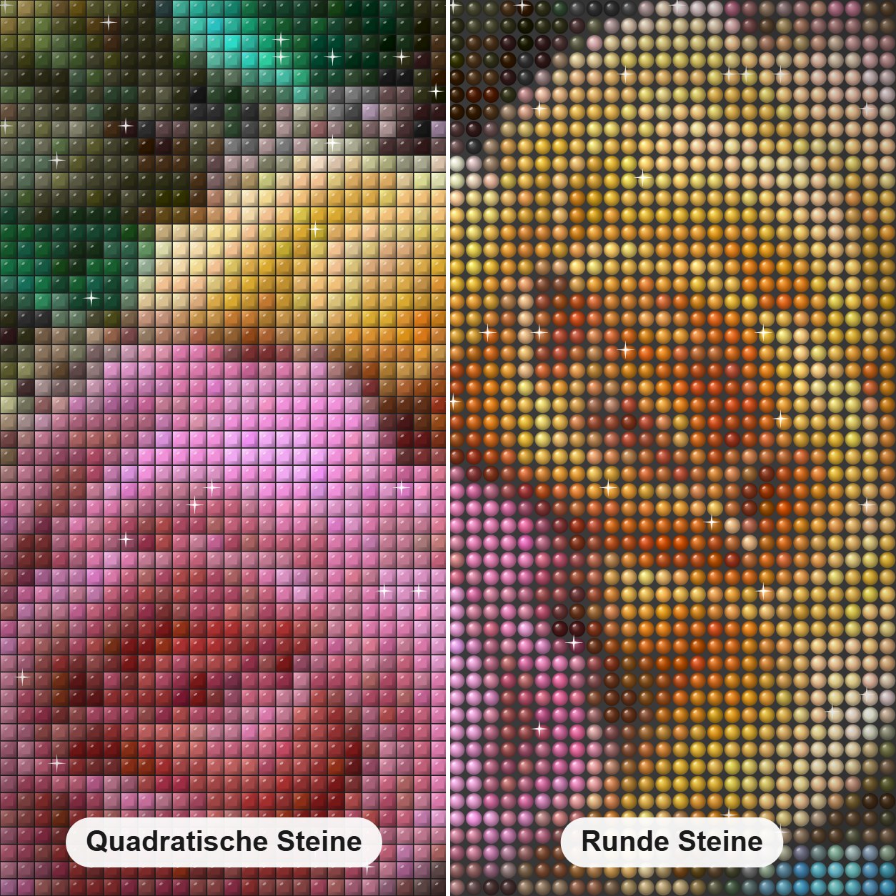 Schöne rosa & gelbe Rose Diamond Painting Nahaufnahme mit quadratischen und runden Steinen