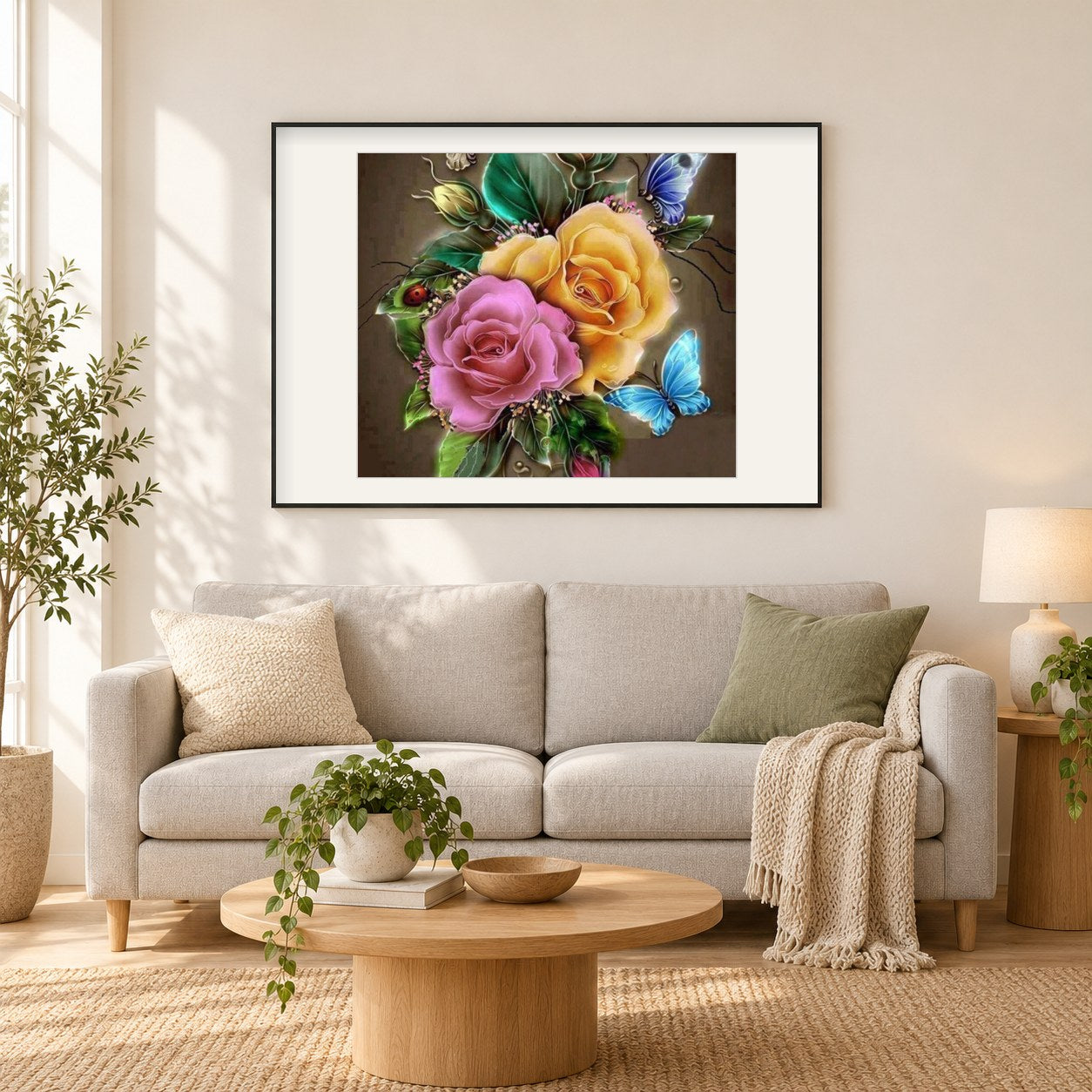 Schöne rosa & gelbe Rose als gerahmtes Diamond Painting im Wohnzimmer