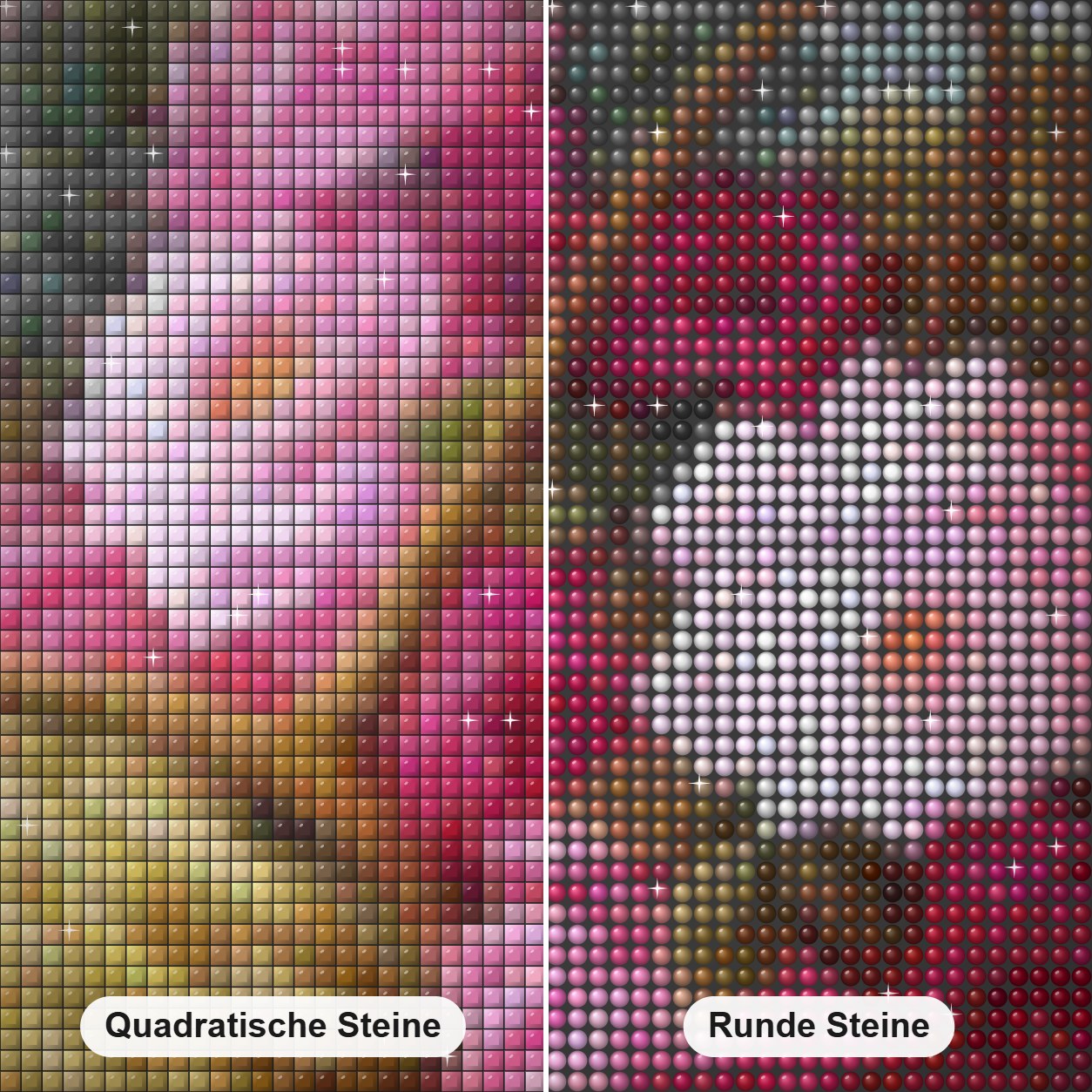 Schöne Rosen Diamond Painting Nahaufnahme mit quadratischen und runden Steinen