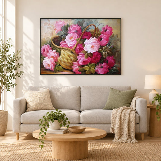 Schöne Rosen als gerahmtes Diamond Painting im Wohnzimmer