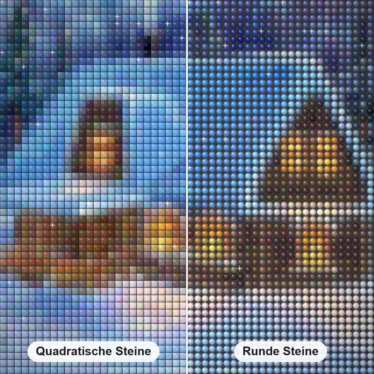 Schöne Schneehütten & Weihnachtsbaum Diamond Painting Nahaufnahme mit quadratischen und runden Steinen