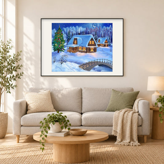 Schöne Schneehütten & Weihnachtsbaum als gerahmtes Diamond Painting im Wohnzimmer