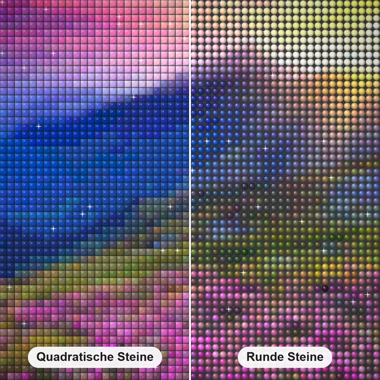 Schöne Sonnenaufgang & rosa Blumen Diamond Painting Nahaufnahme mit quadratischen und runden Steinen