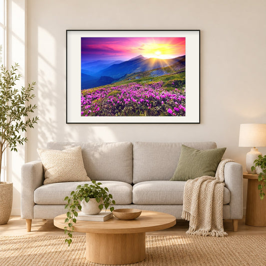 Schöne Sonnenaufgang & rosa Blumen als gerahmtes Diamond Painting im Wohnzimmer