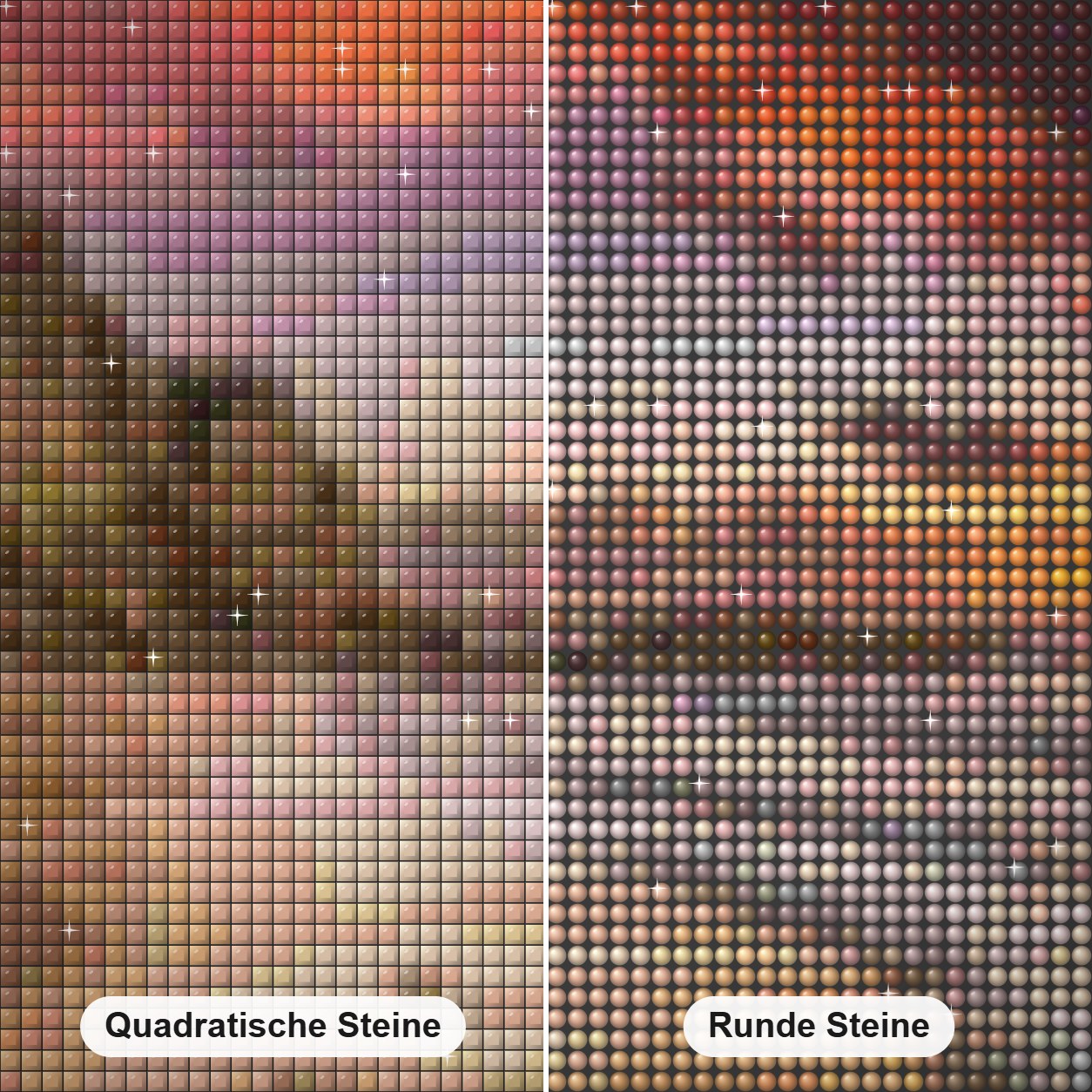 Schöne Sonnenuntergangmalerei am Strand Diamond Painting Nahaufnahme mit quadratischen und runden Steinen