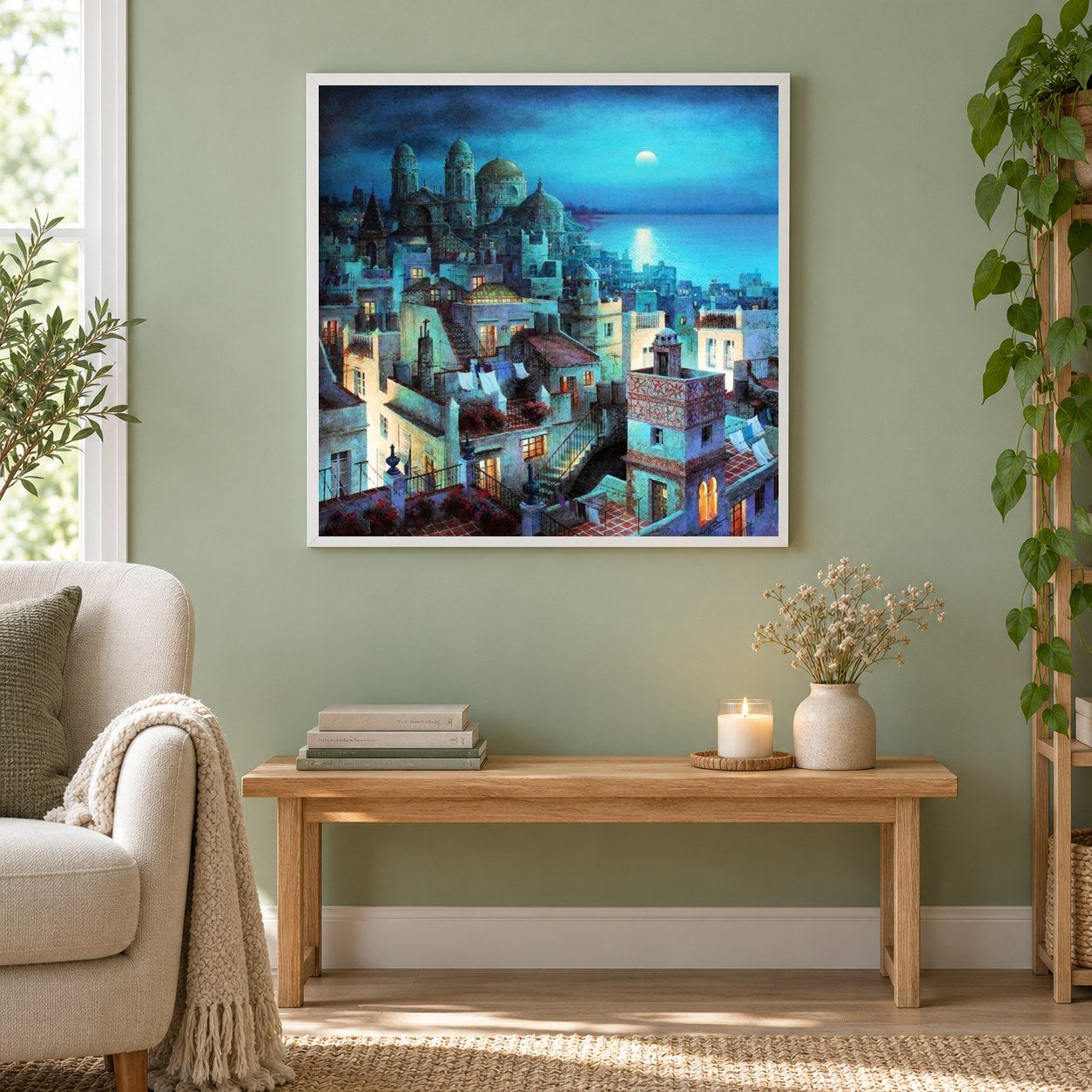 Schöne Stadtansicht bei Nacht als gerahmtes Diamond Painting im Wohnzimmer