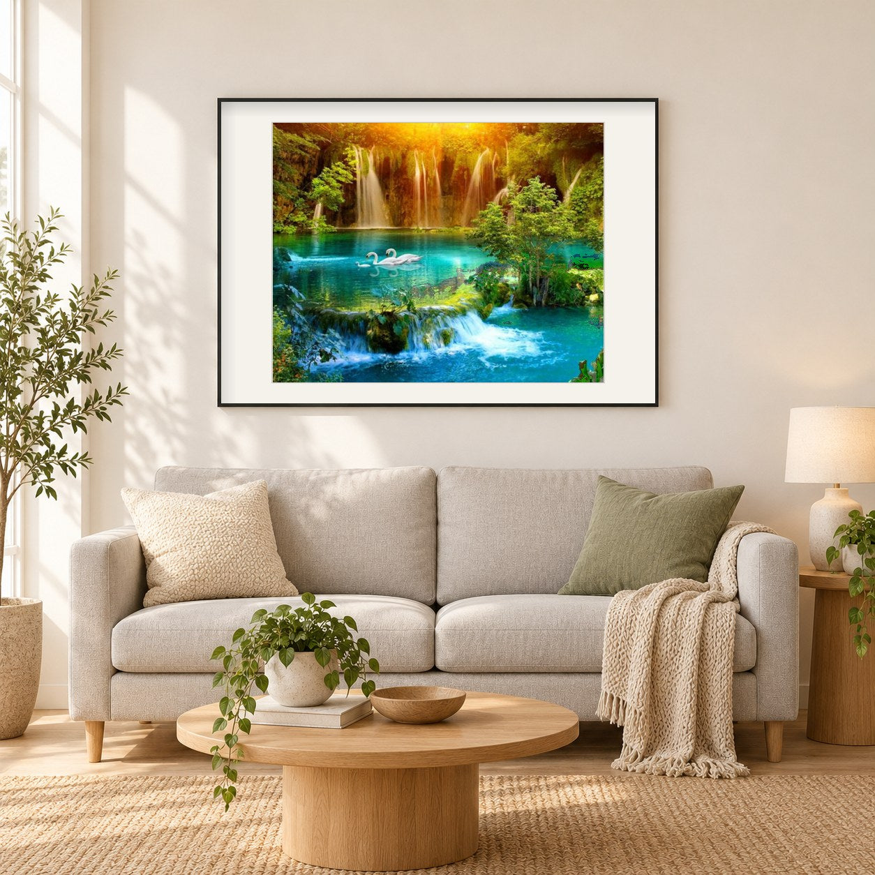 Schöner Wasserfall mit Schwänen als gerahmtes Diamond Painting im Wohnzimmer