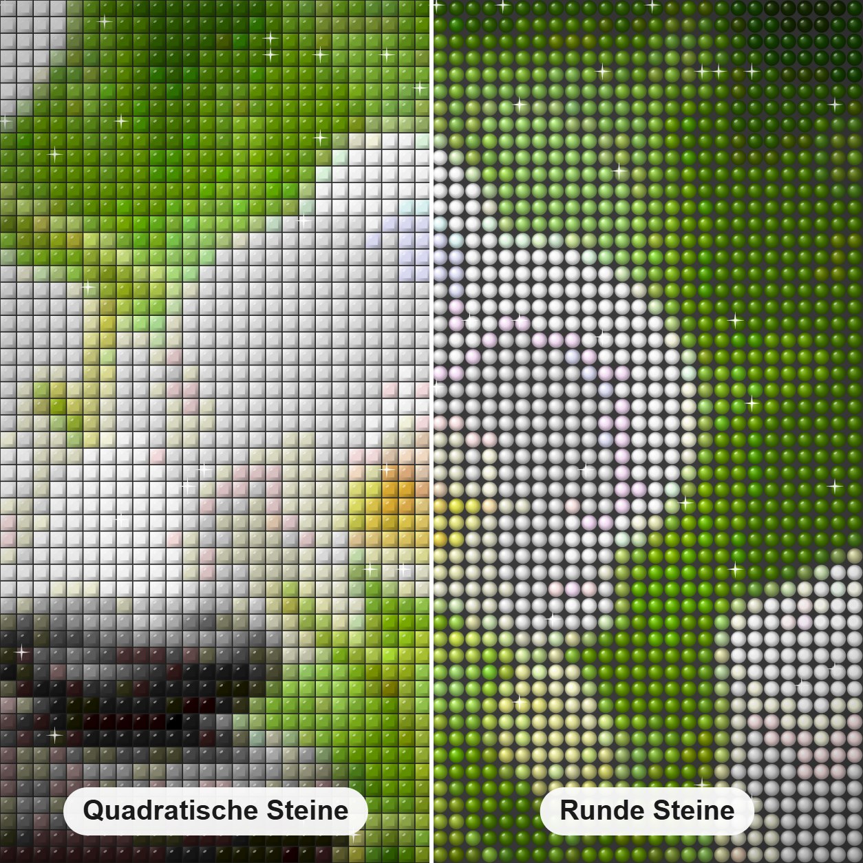 Schöne weiße Blumen und Kerzen Diamond Painting Nahaufnahme mit quadratischen und runden Steinen