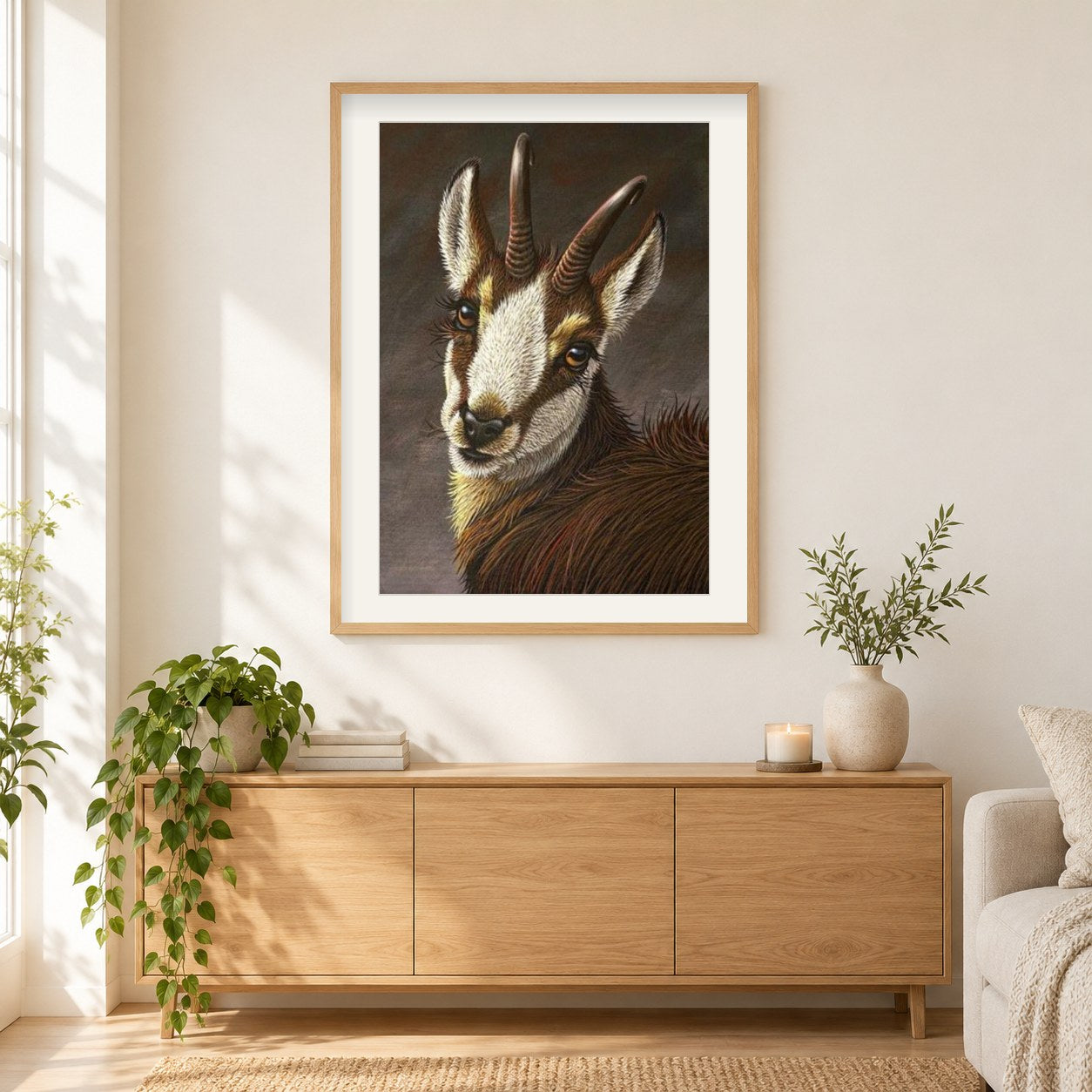 Schöne Ziegenfarbe von Diamanten als gerahmtes Diamond Painting im Wohnzimmer