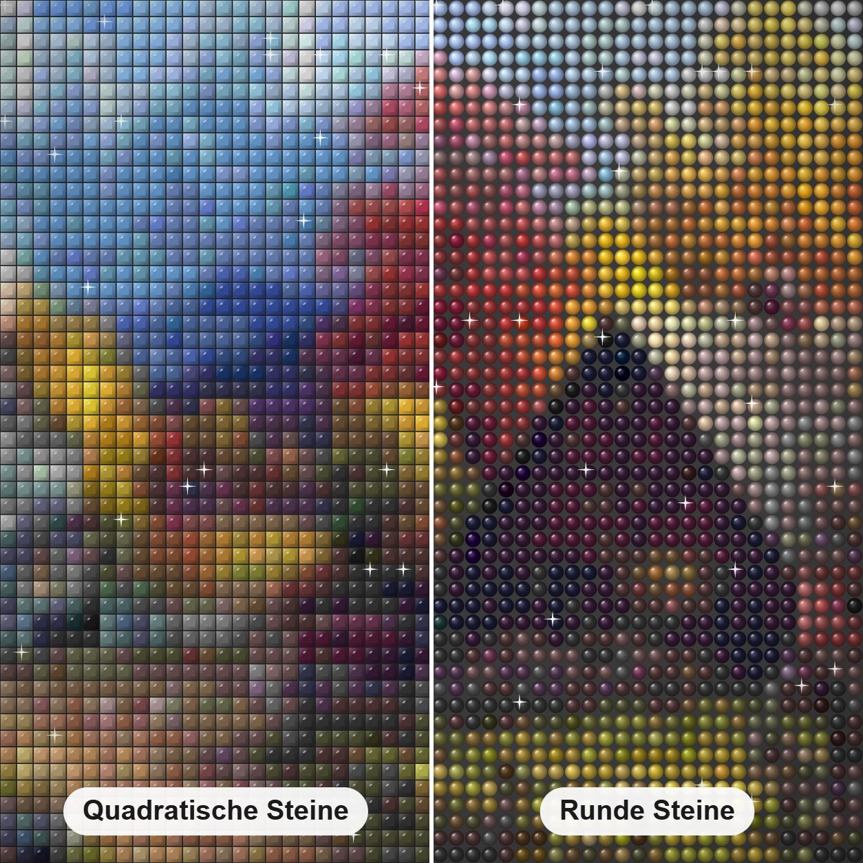 Schöner Bauernhof & Pferde Diamond Painting Nahaufnahme mit quadratischen und runden Steinen