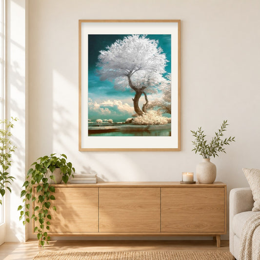 Schöner Baum mit weißen Blättern als gerahmtes Diamond Painting im Wohnzimmer