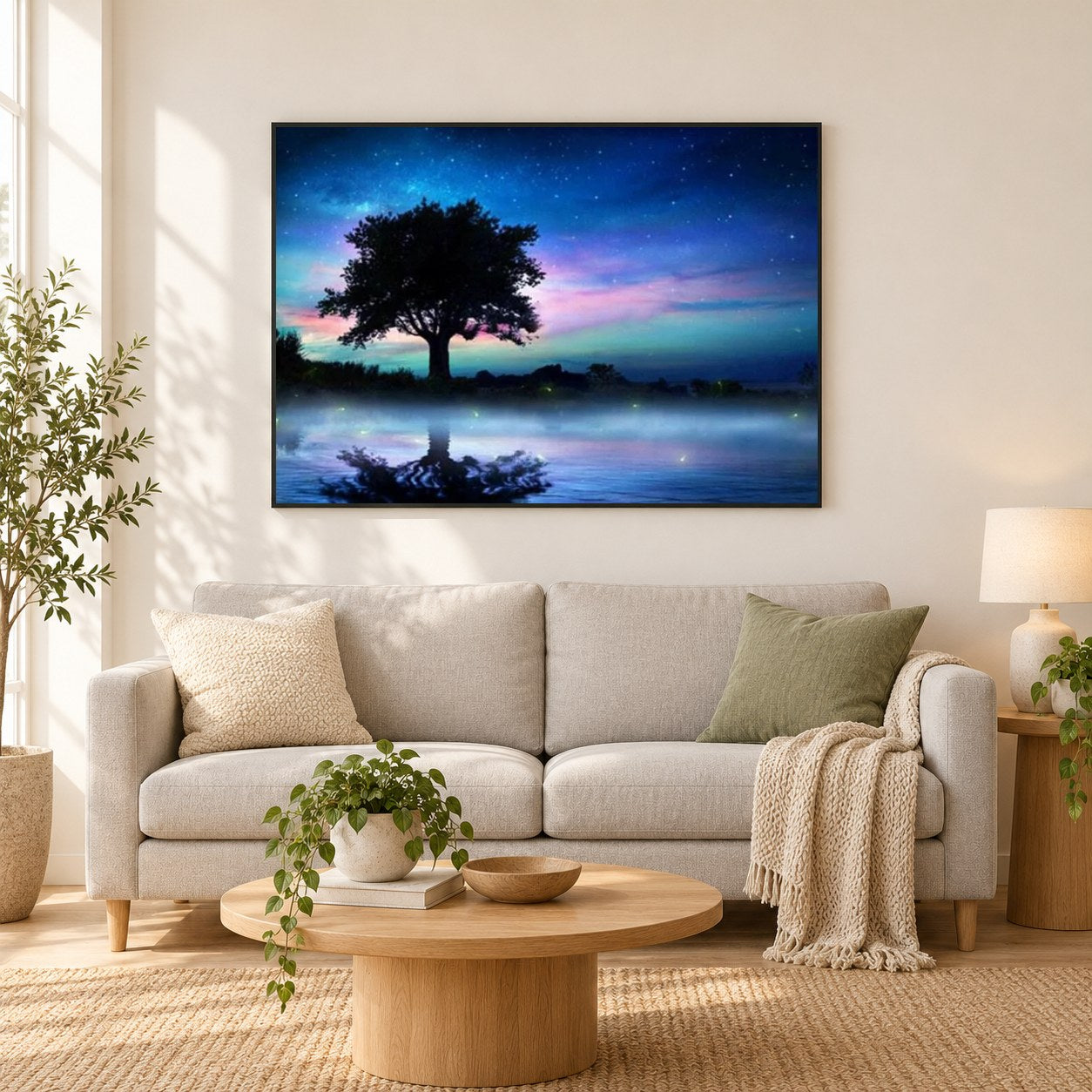 Schöner Baum und Nachthimmel als gerahmtes Diamond Painting im Wohnzimmer