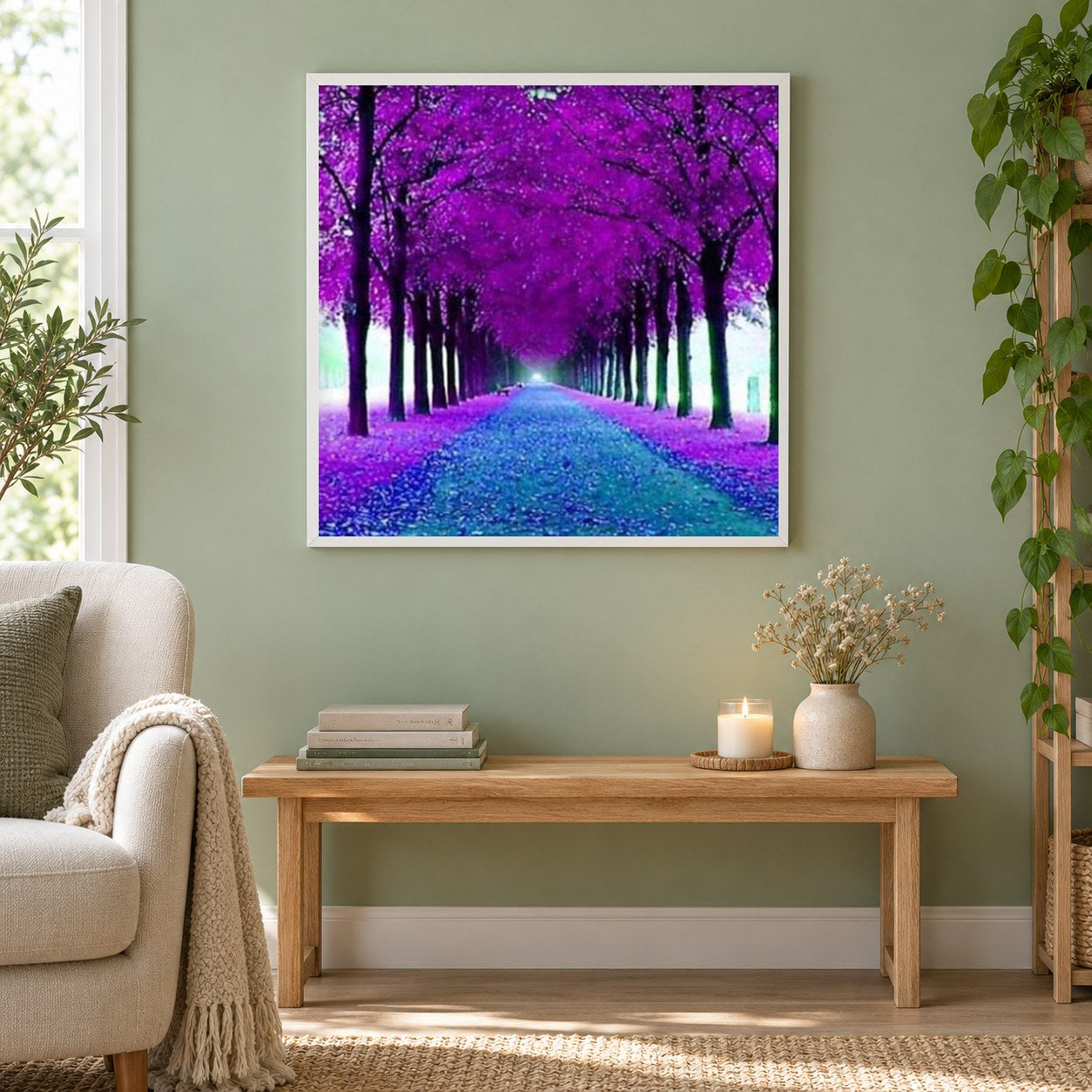 Schöner Baumweg als gerahmtes Diamond Painting im Wohnzimmer
