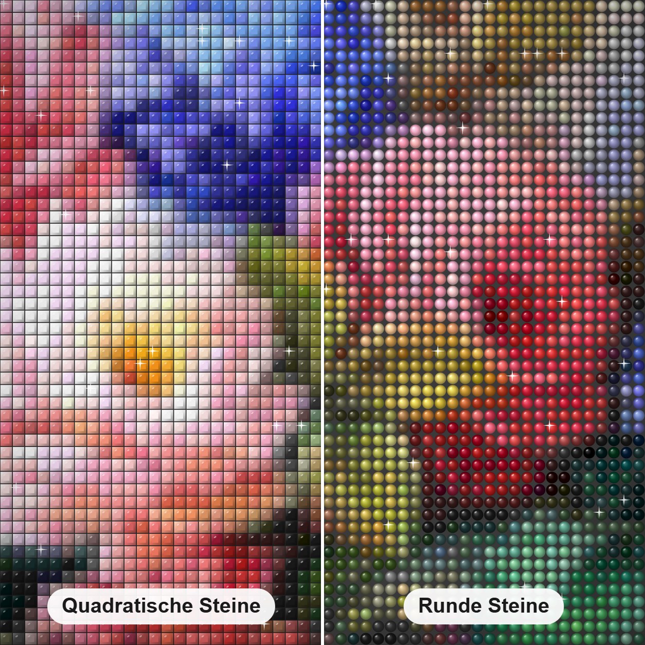 Schöner Blumenstrauß Diamond Painting Nahaufnahme mit quadratischen und runden Steinen